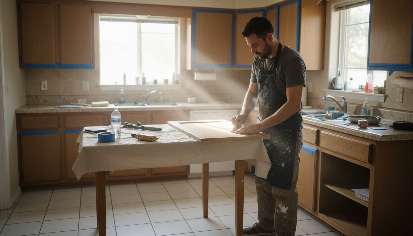 Painter prepping kitchen cabinets for painting