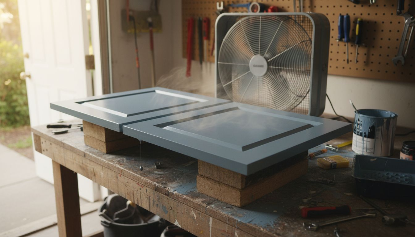 Painted cabinet doors drying in garage