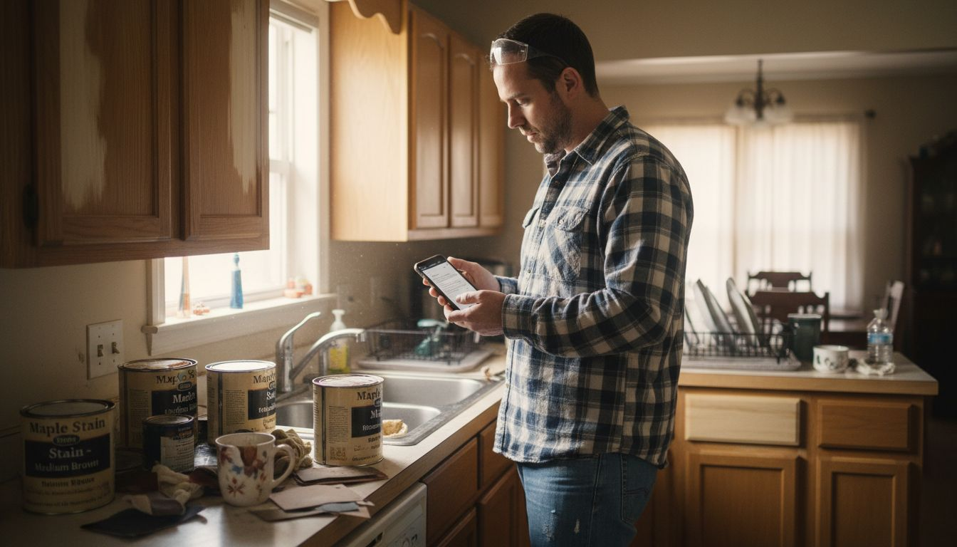 Homeowner staining kitchen cabinets step by step