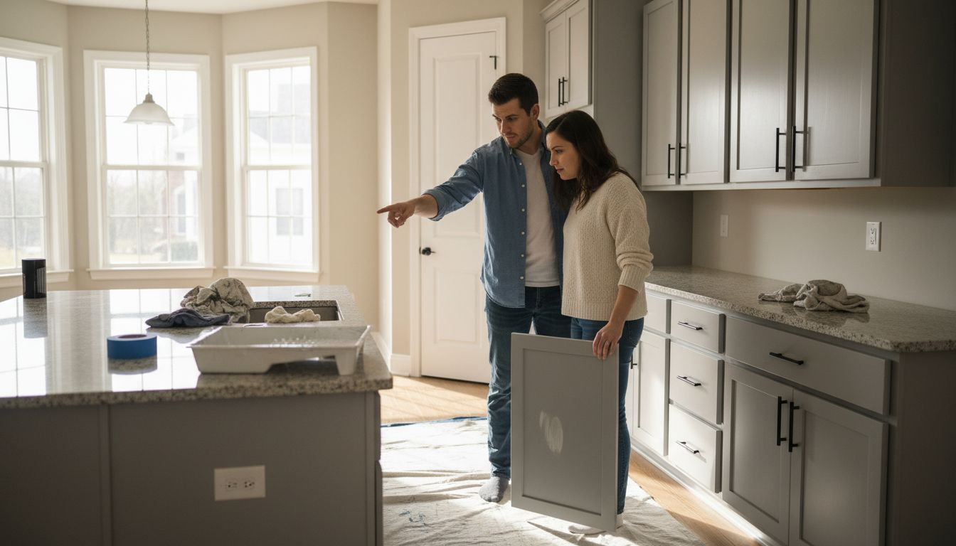 Couple inspecting freshly repainted kitchen cabinets
