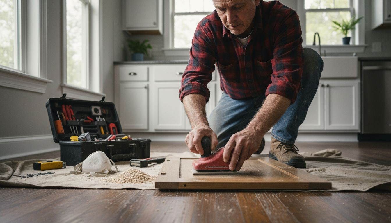 Handyman sanding wooden cabinet door in kitchen