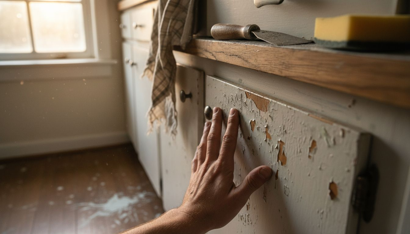 Closeup of cabinet with peeling paint damage