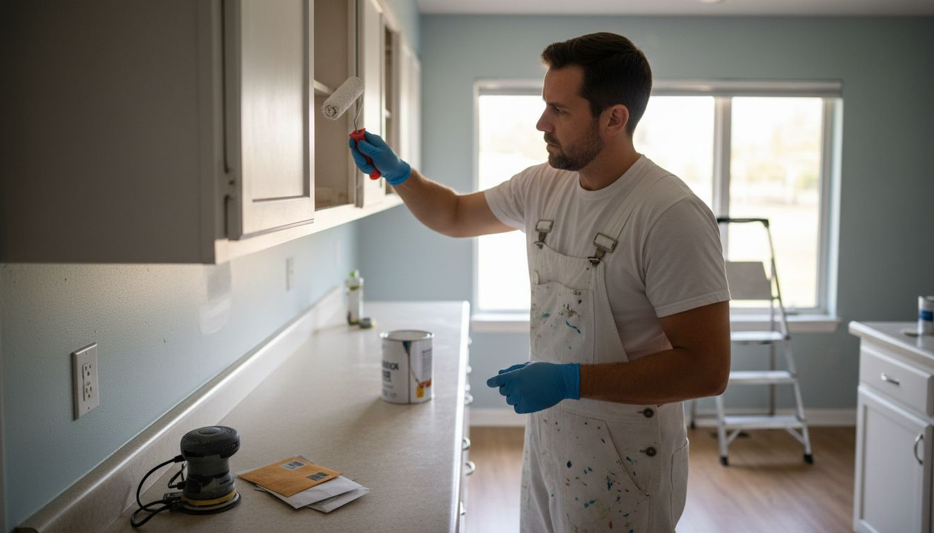 Painter prepping kitchen cabinets with primer