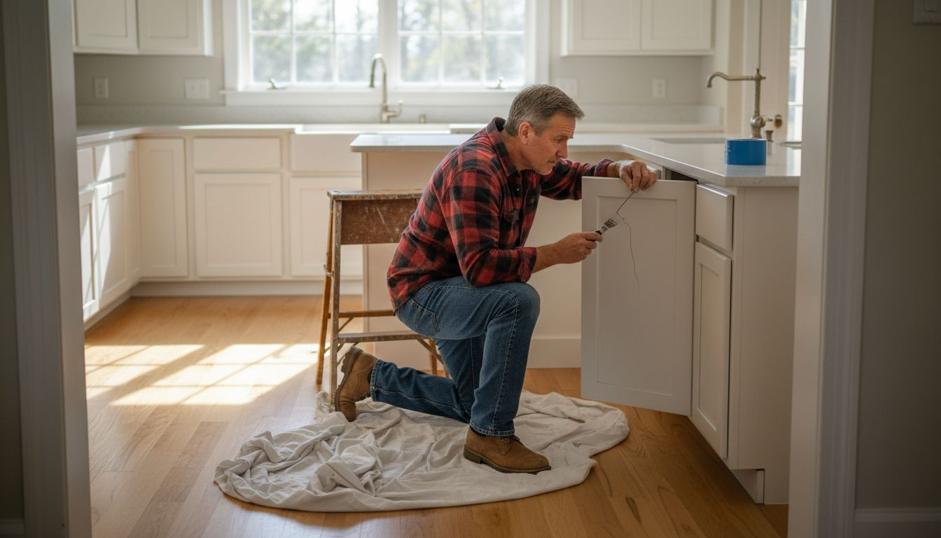 Homeowner inspecting kitchen cabinets for respray