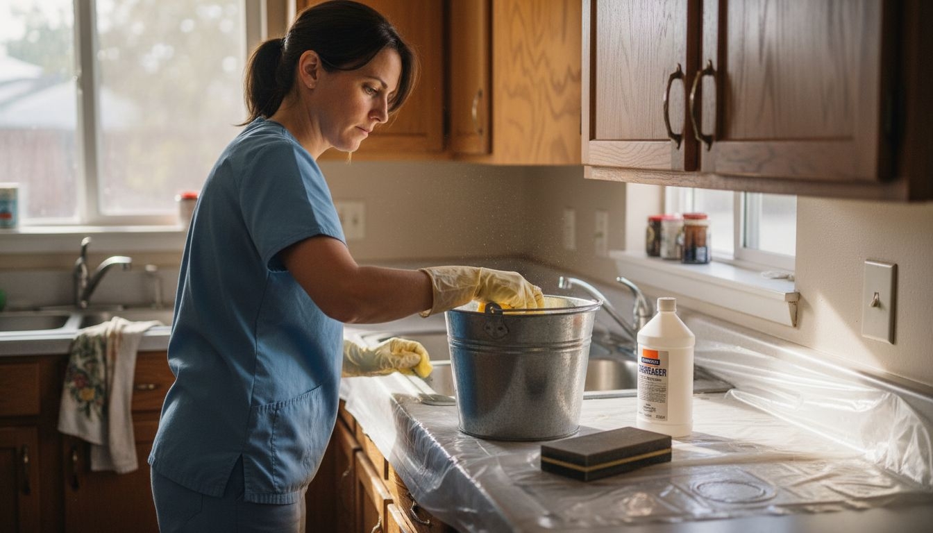 Woman cleaning and sanding kitchen cabinet doors