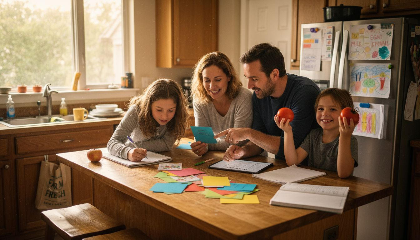 Family organizes meal plan in busy kitchen