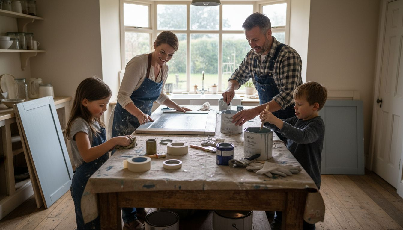 Family doing kitchen cabinet craft together