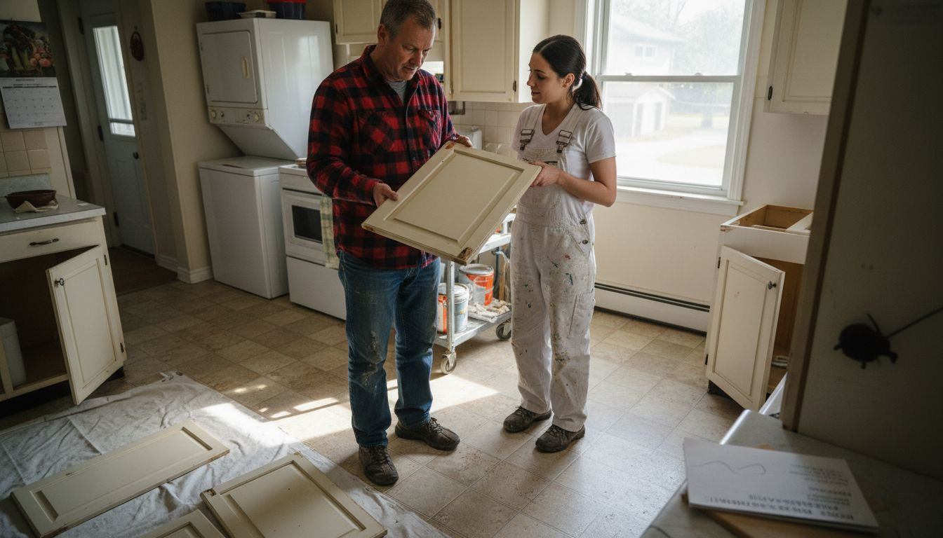 Homeowner and painter inspect Ottawa kitchen cabinets