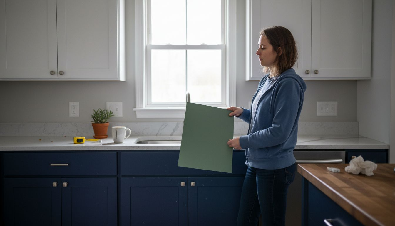 Homeowner comparing cabinet color swatches in kitchen