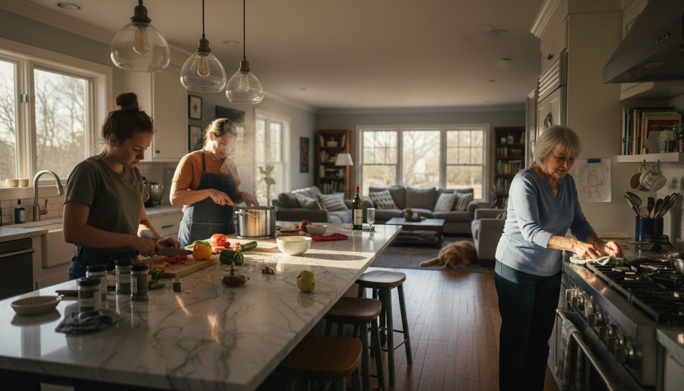 Family cooking together in open kitchen