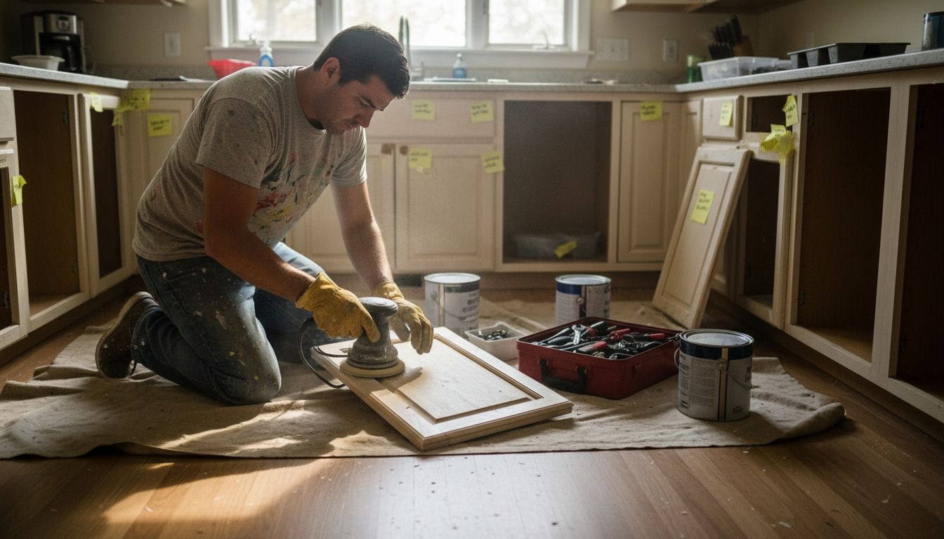Professional refinishing kitchen cabinet close-up