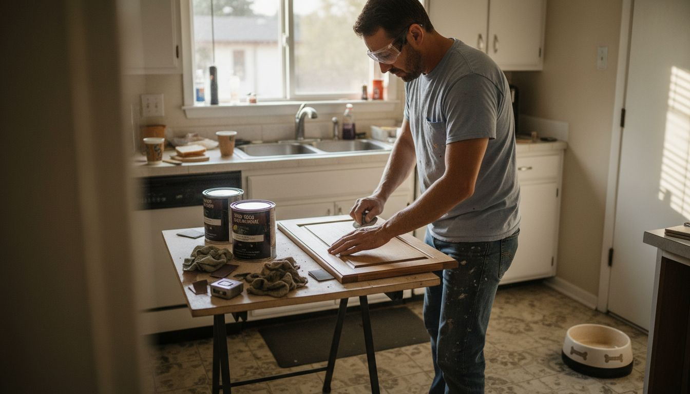 Contractor refinishing kitchen cabinet door