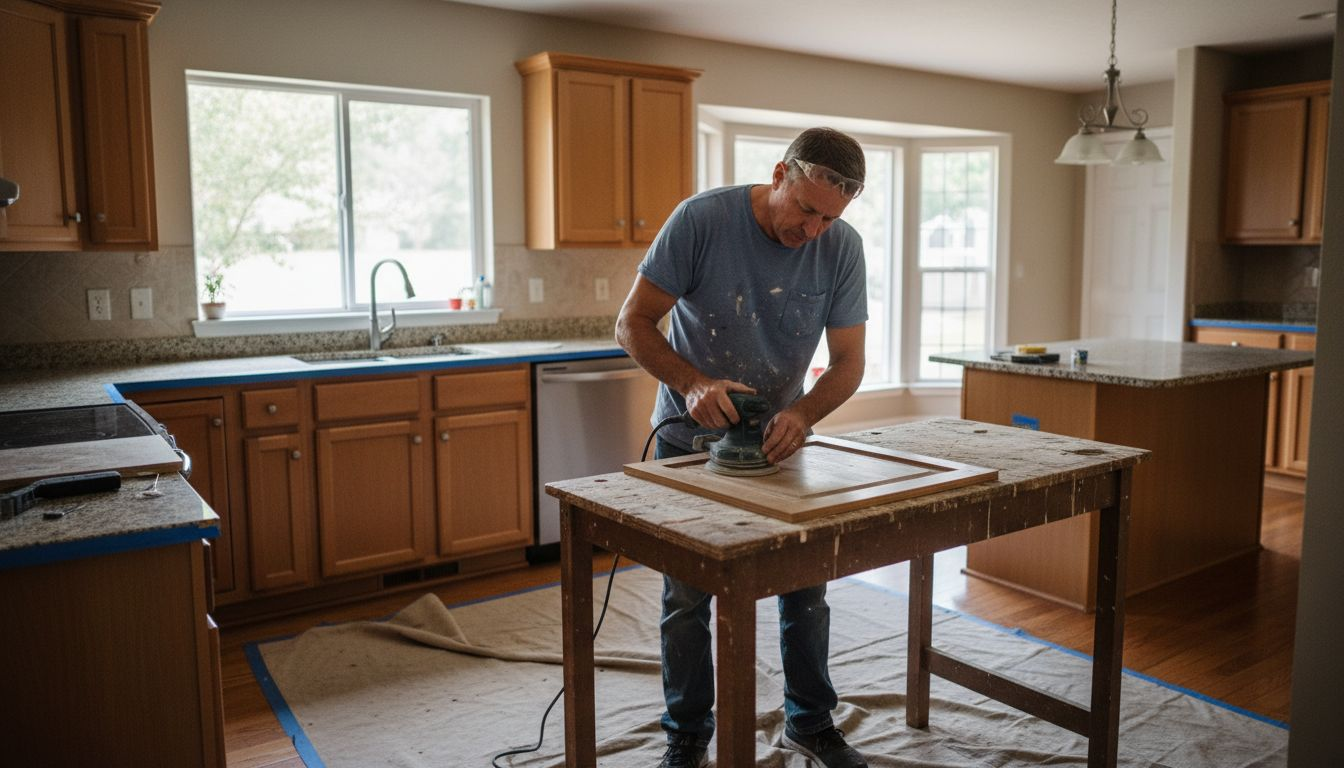 Cabinet refinisher sanding kitchen cabinet door