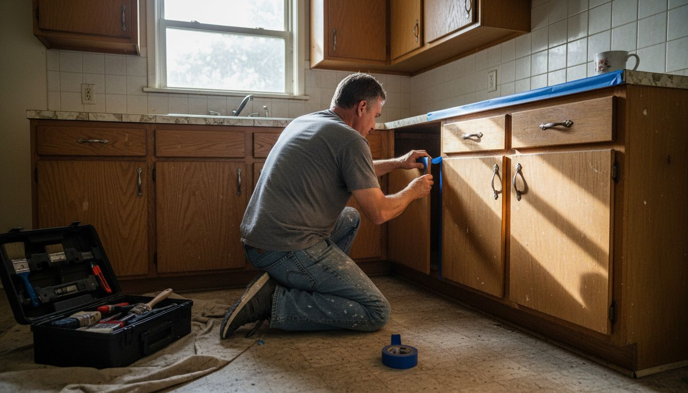 Worker prepping kitchen cabinets for spraying
