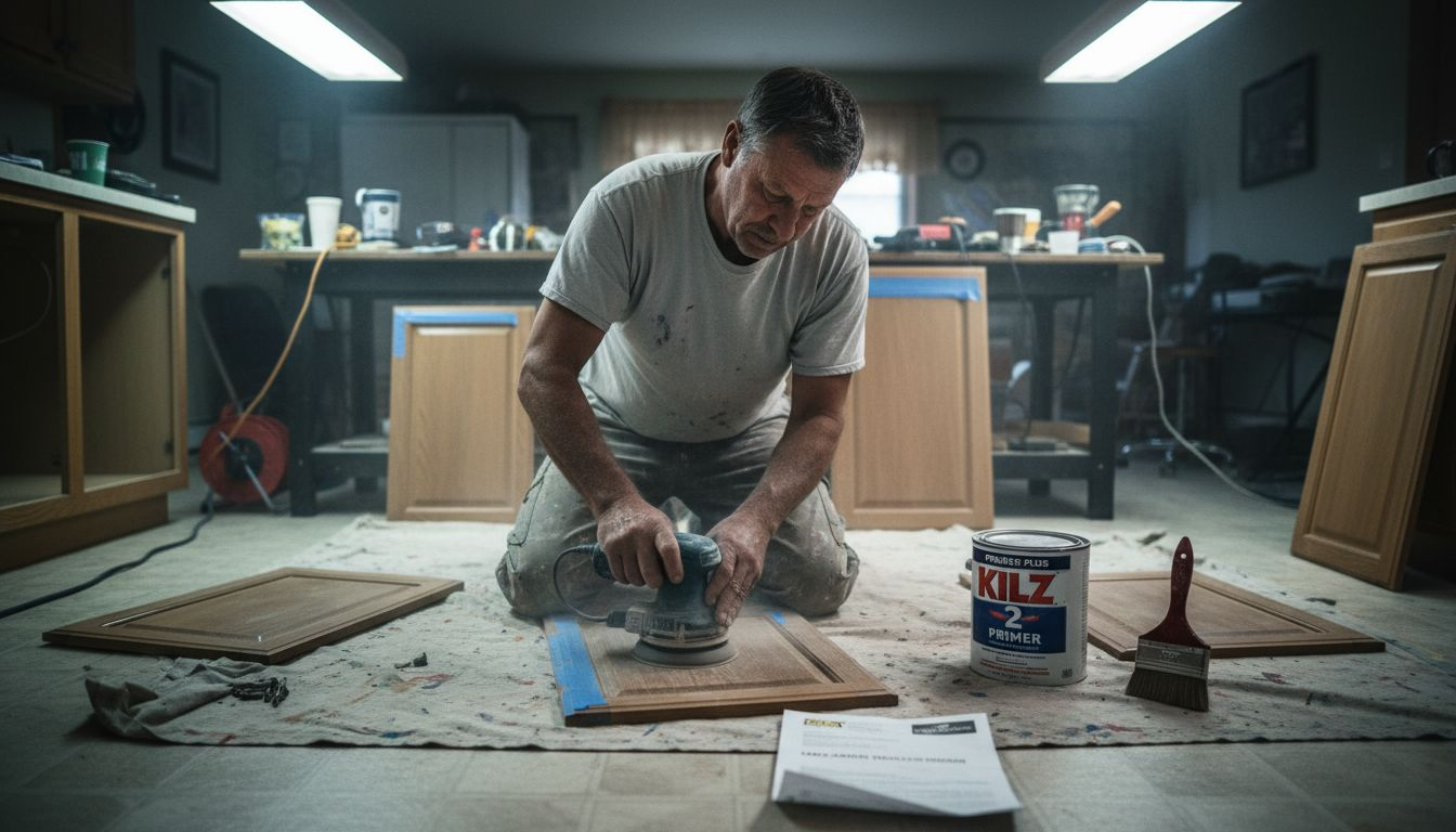 Worker sanding cabinet door during refinishing