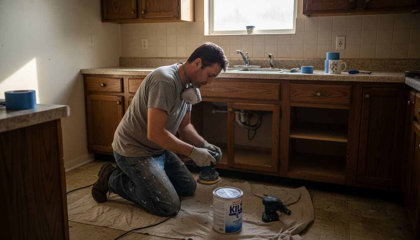 Cabinet refinisher sanding kitchen cabinet