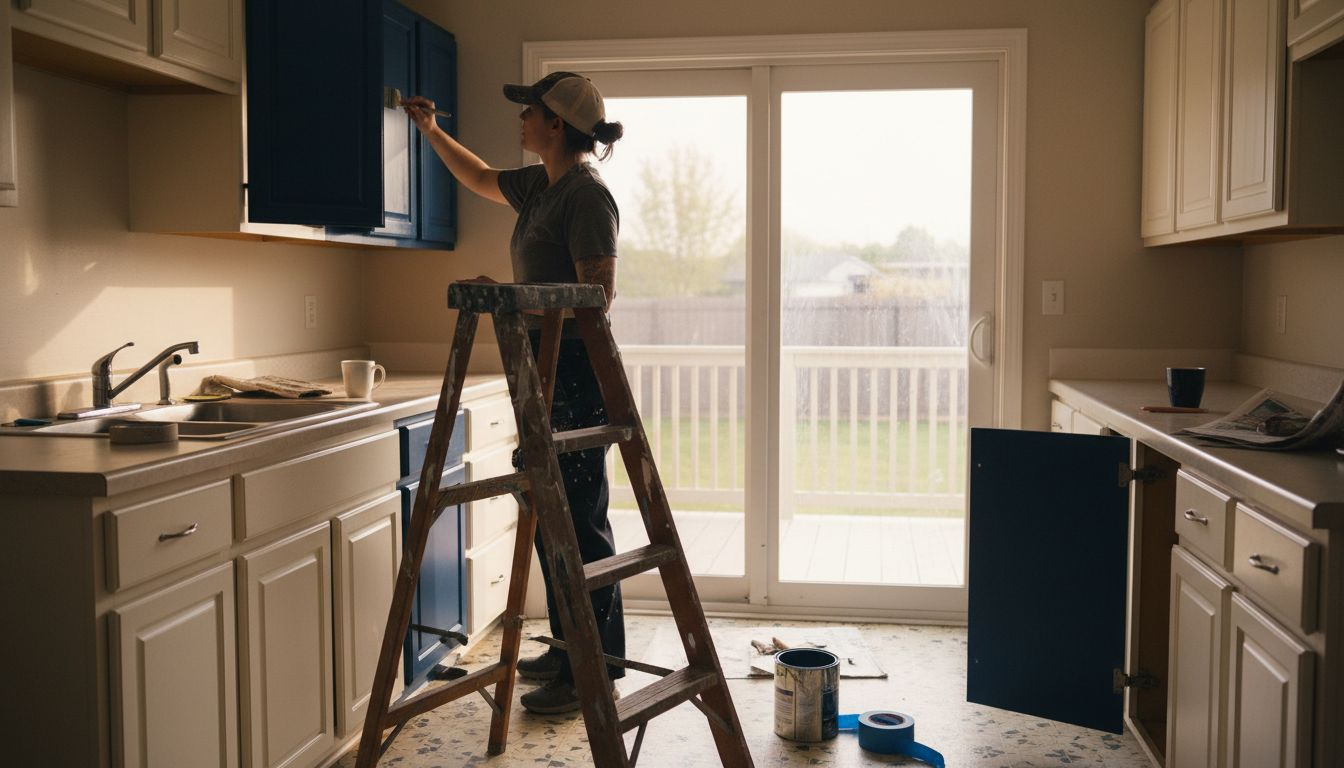 Painter applying new color to cabinets