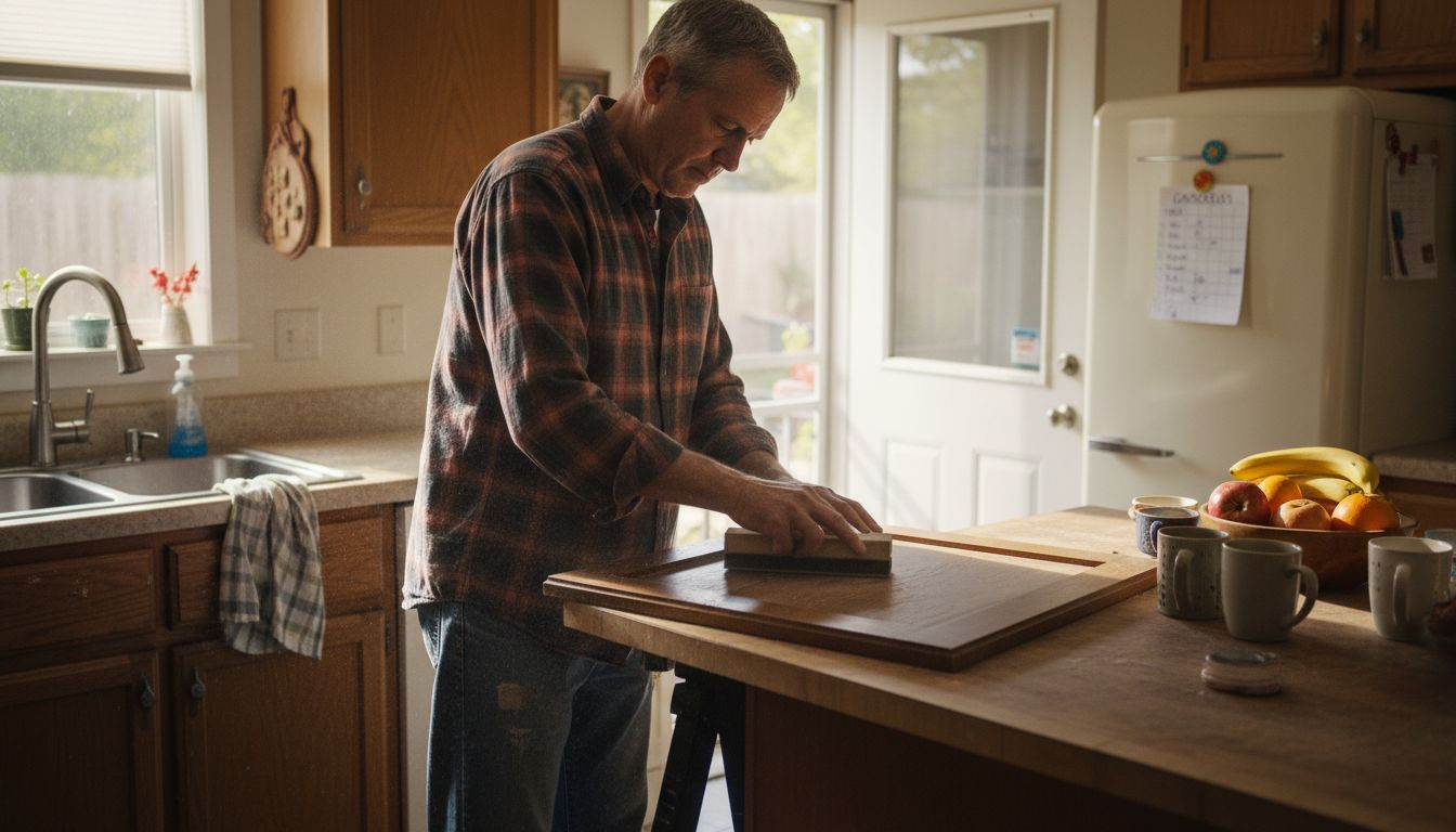 Homeowner preparing kitchen cabinet for painting