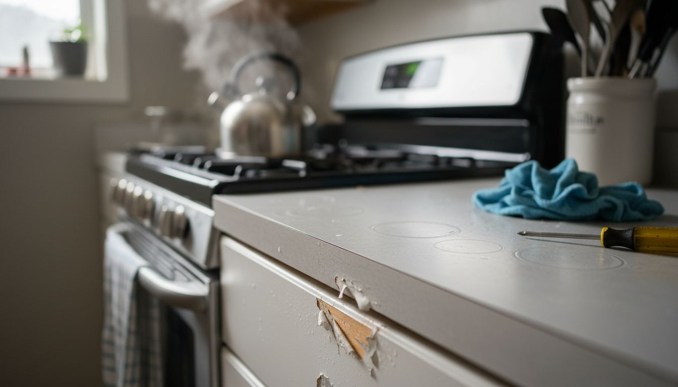 Close-up peeling cabinet paint near kitchen
