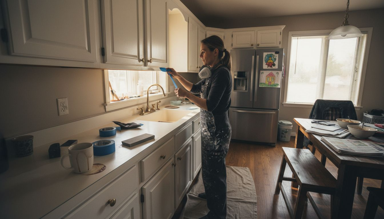 Painter prepping kitchen cabinets for painting