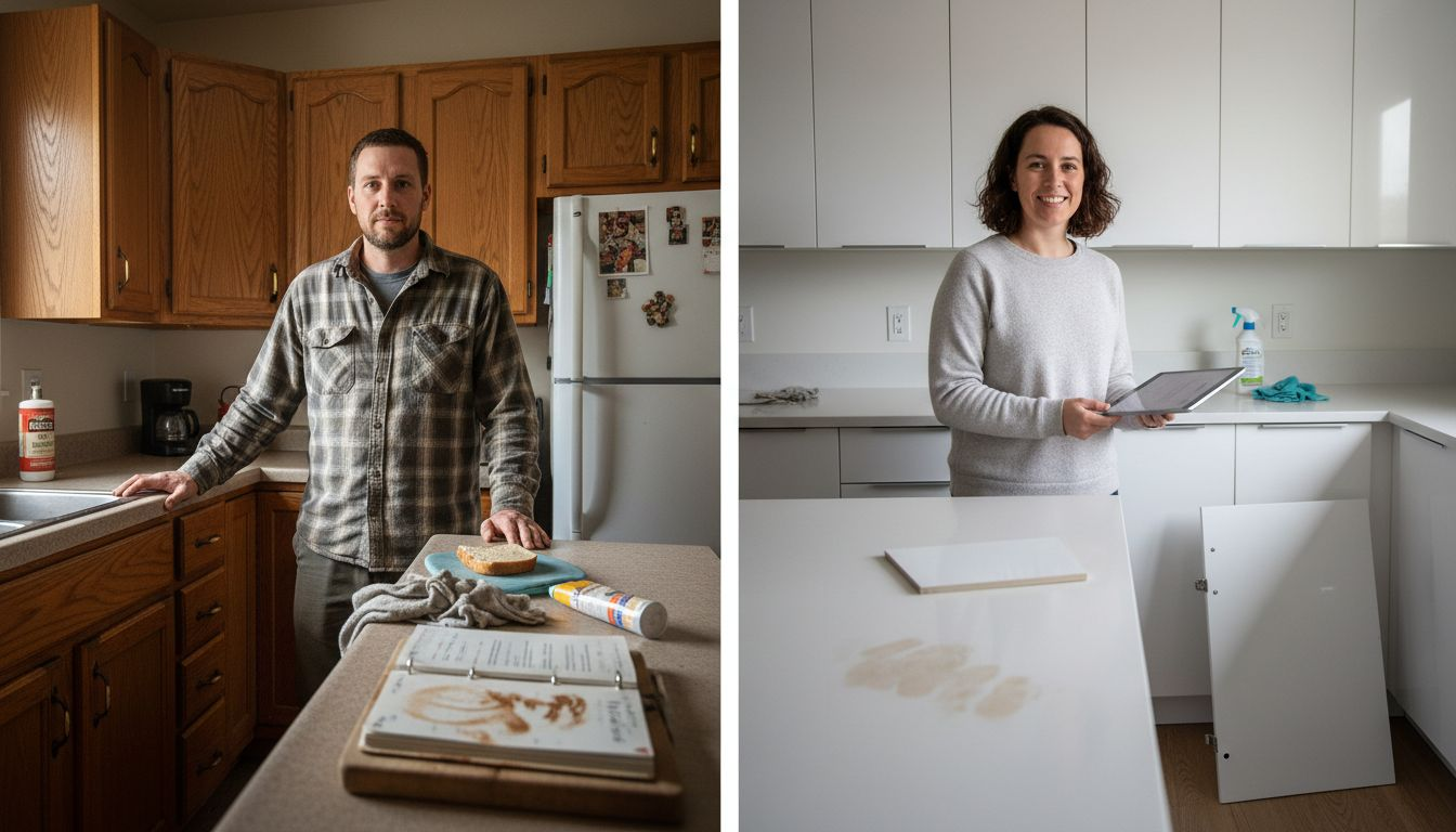 Homeowners compare solid wood and laminate cabinets