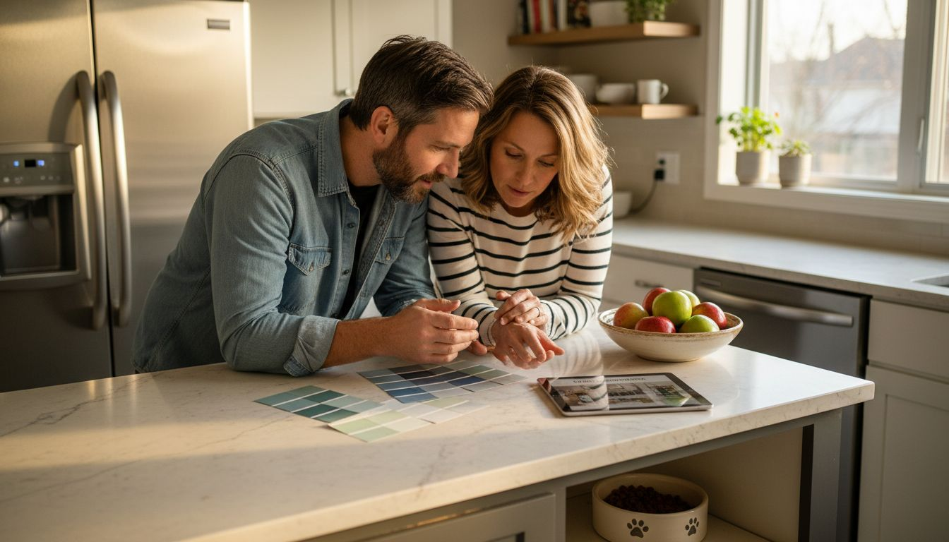 Homeowners comparing kitchen cabinet color swatches