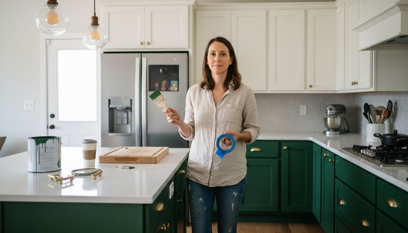 Consultant applying trendy cabinet colors in kitchen