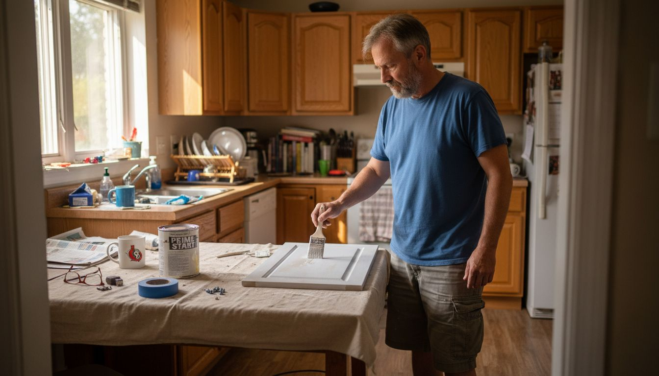 Homeowner inspecting kitchen cabinet painting prep
