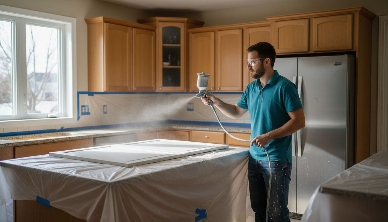Painter respraying Ottawa kitchen cabinets