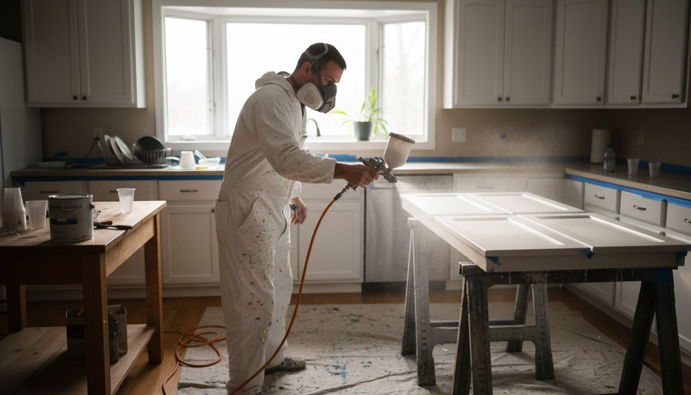 Painter spraying cabinets in real Ottawa kitchen