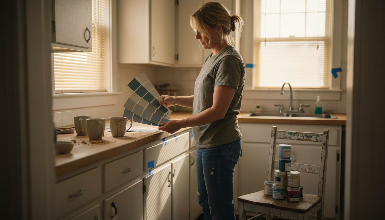 Homeowner testing kitchen cabinet paint samples