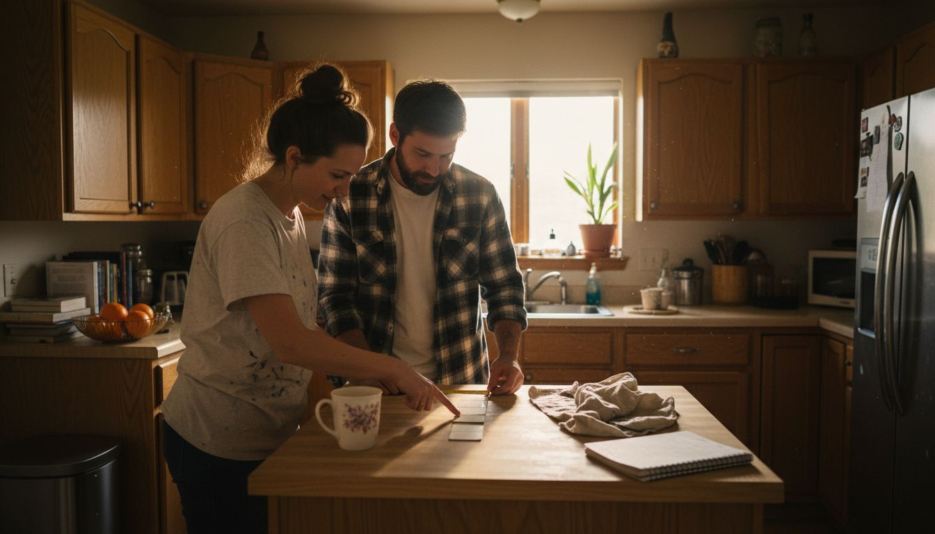 Couple choosing between kitchen cabinet options