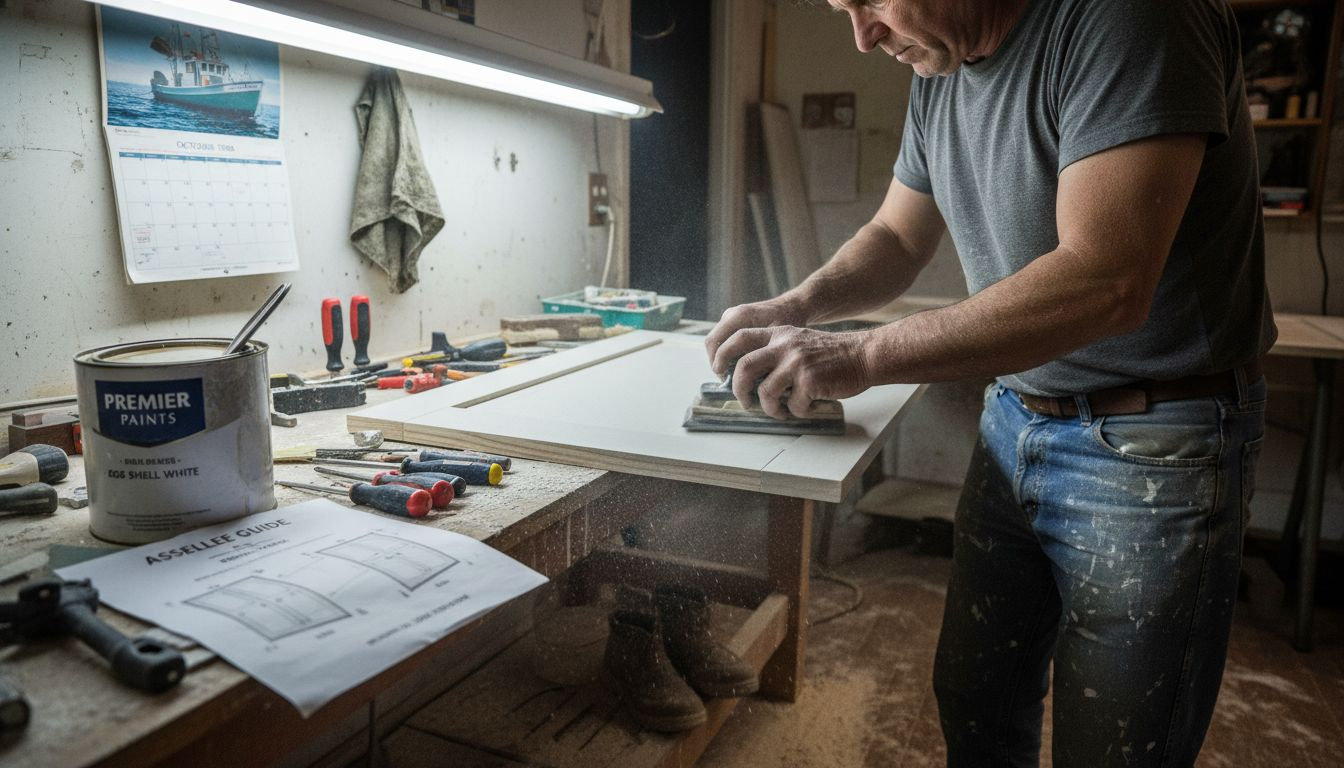 Professional sanding cabinet door in garage