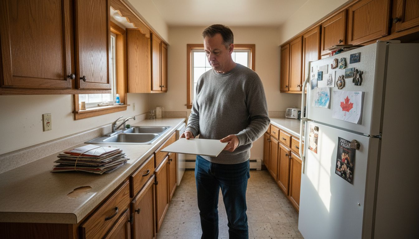 Homeowner examining cabinet refacing options
