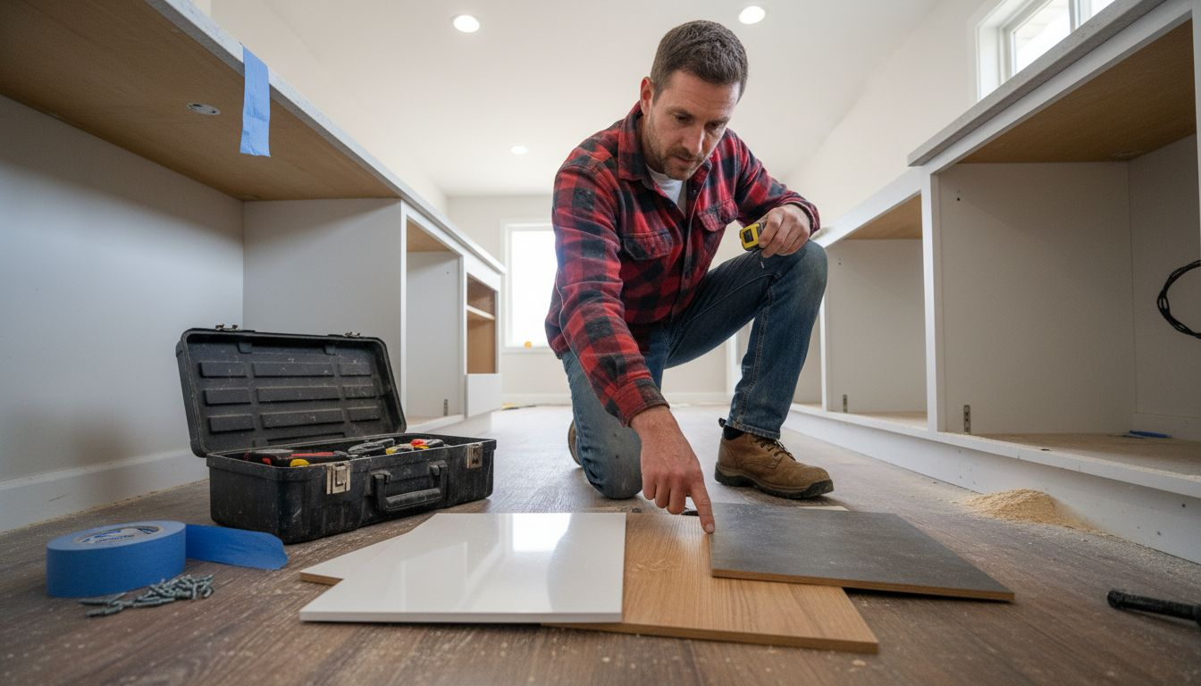Installer reviewing kitchen cabinet materials