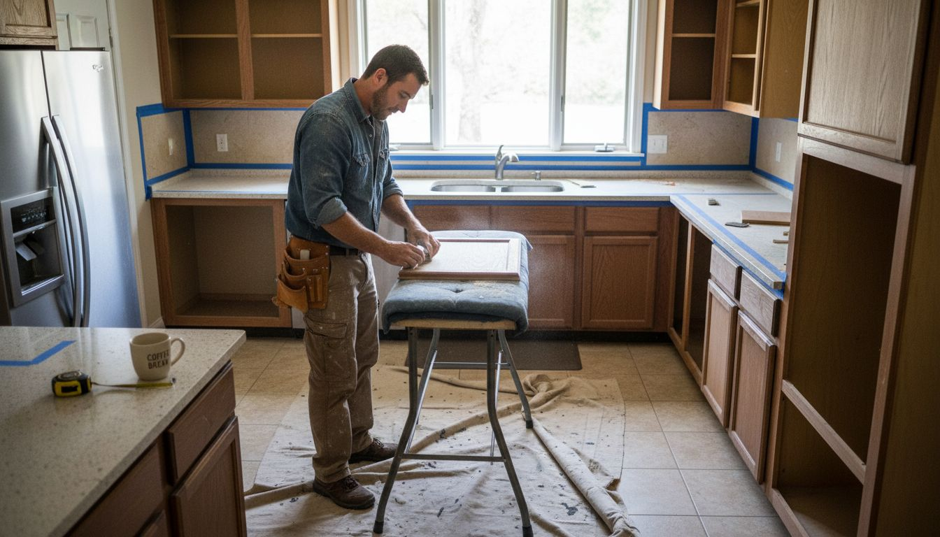 Contractor refinishing kitchen cabinets process scene