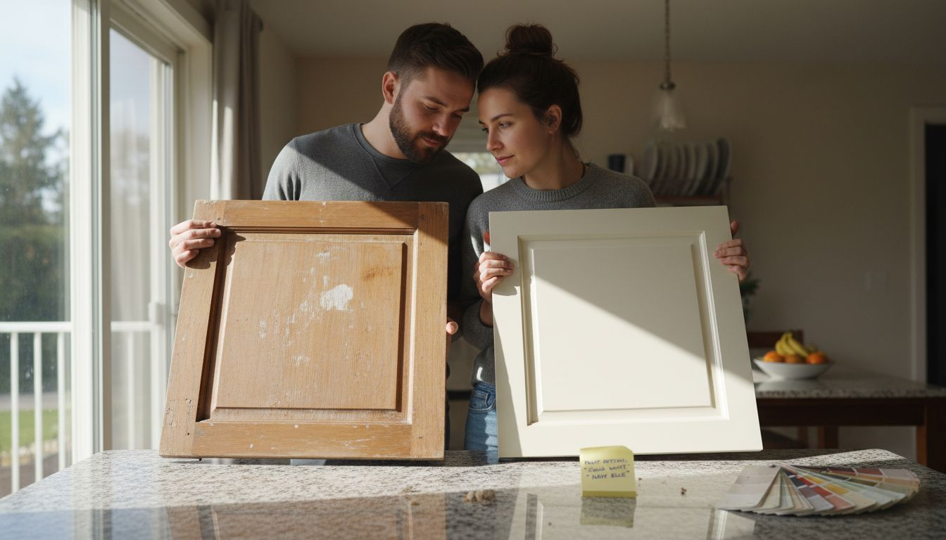 Before and after kitchen cabinet refinishing