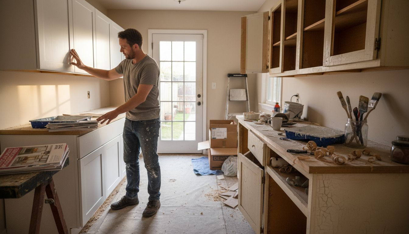Homeowner comparing cabinet refinishing options