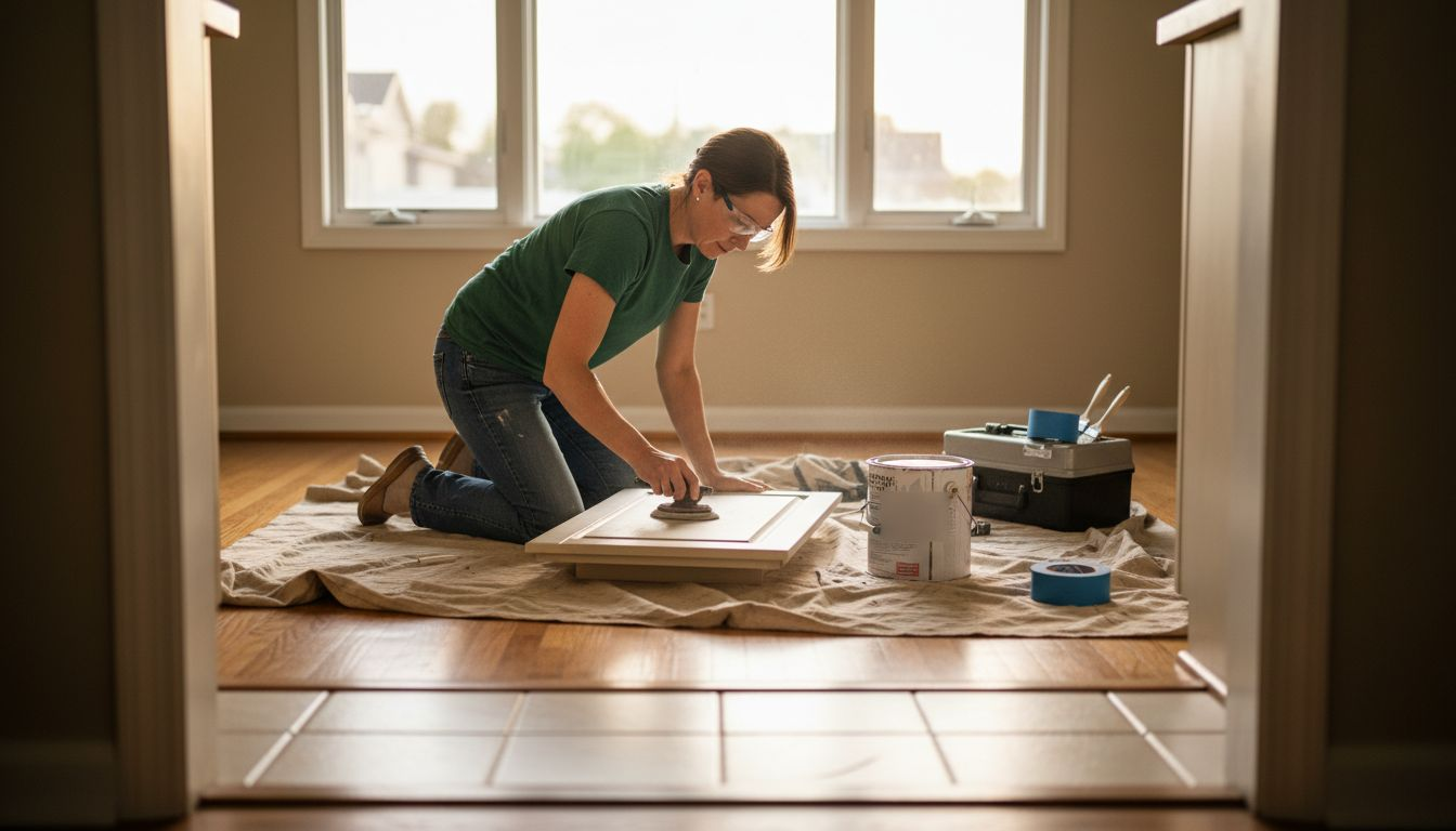 Expert sanding kitchen cabinet door in sunlight