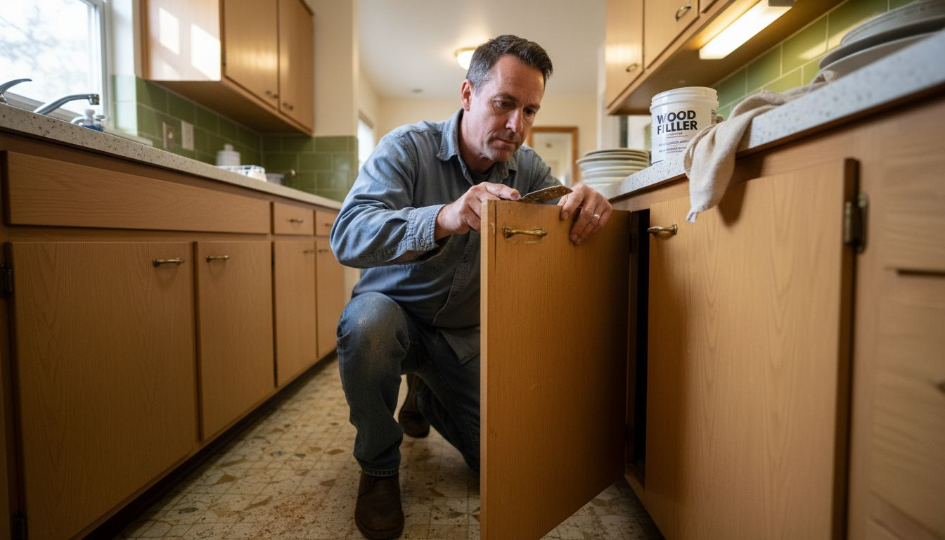 Homeowner repairing kitchen cabinet imperfections