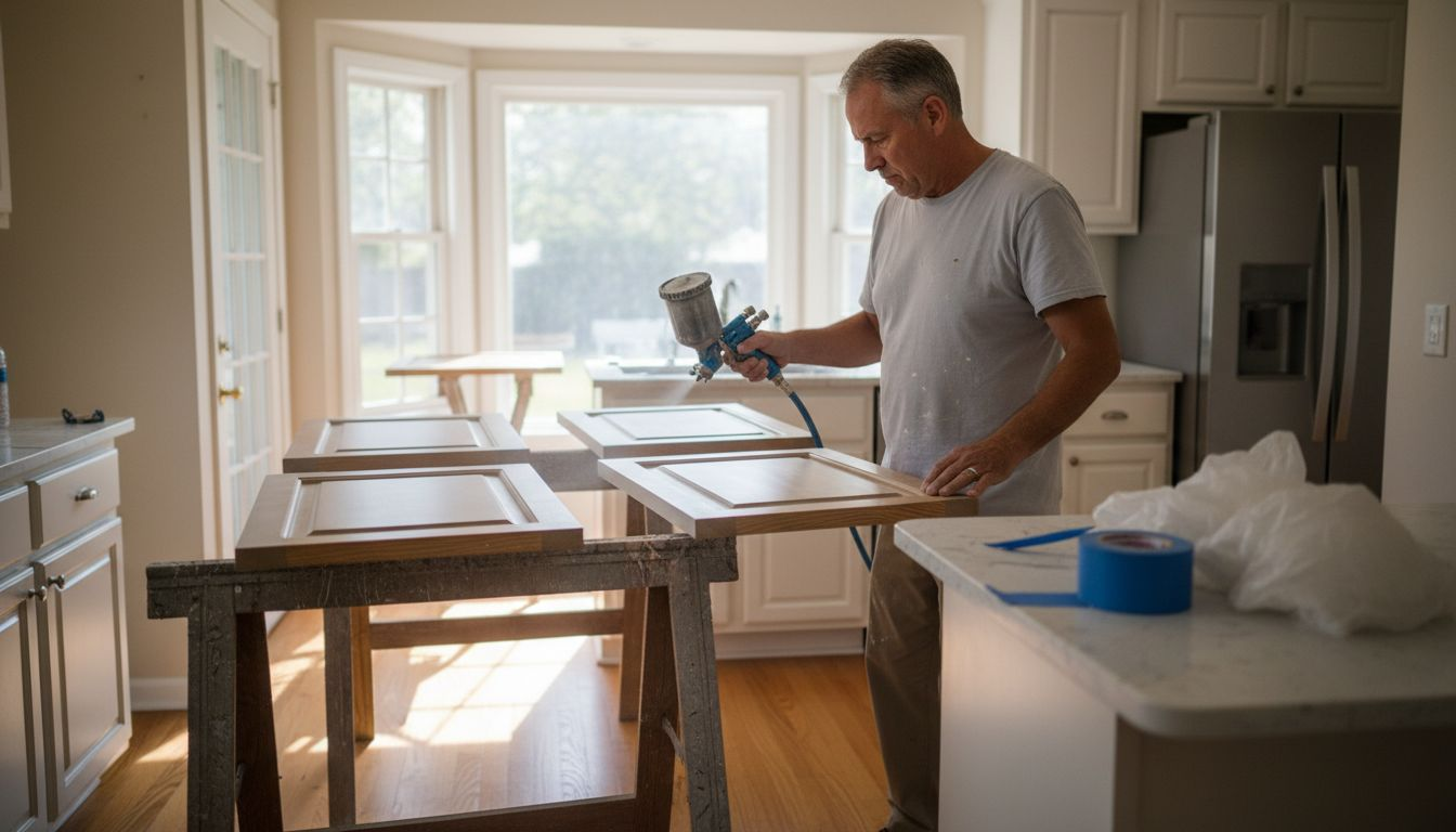 Painter spraying kitchen cabinet doors for smooth finish