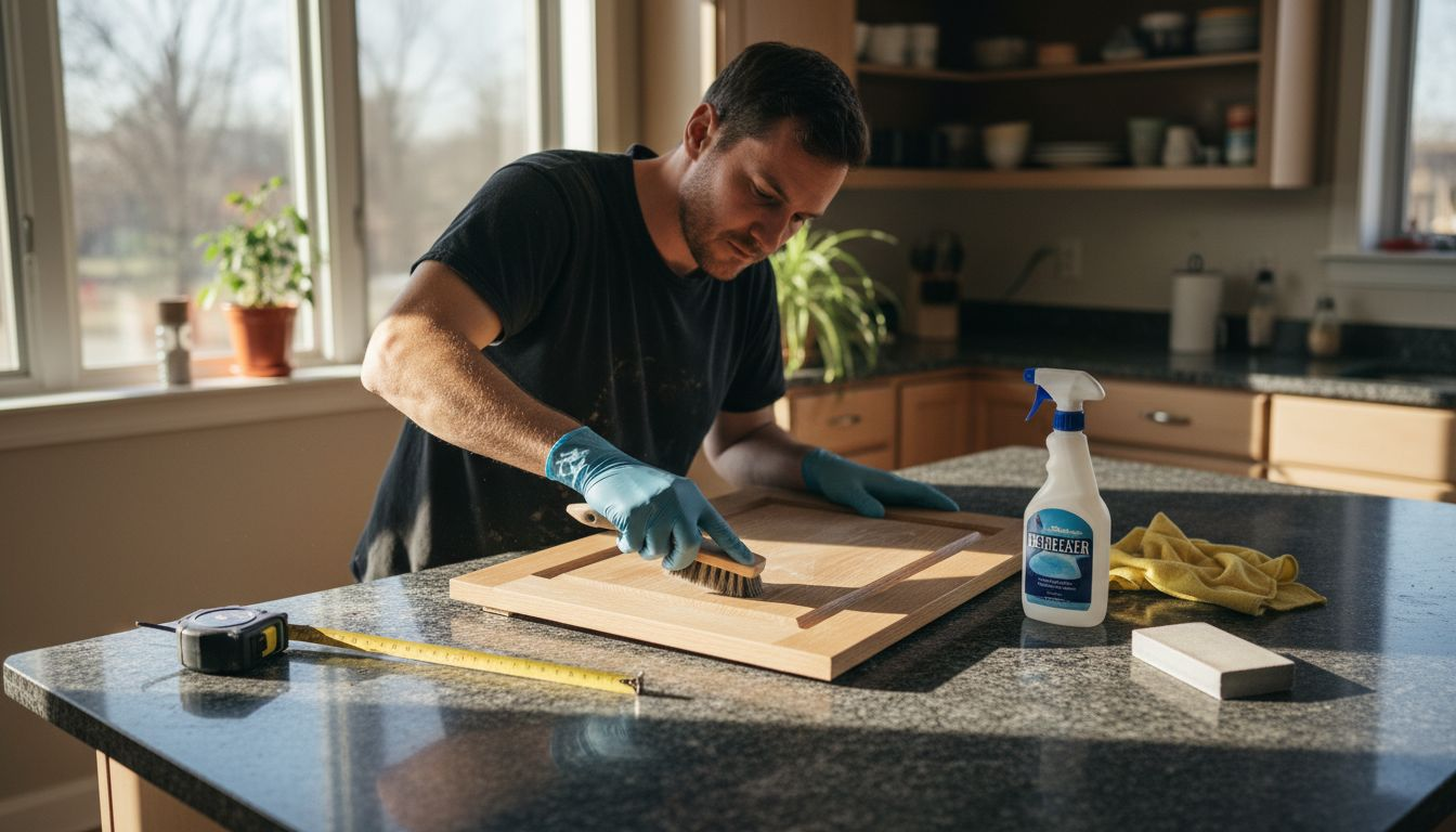 Cleaning and sanding kitchen cabinet door