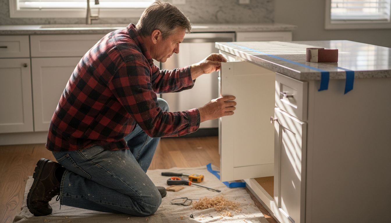 Installer refacing cabinet and prepping countertop
