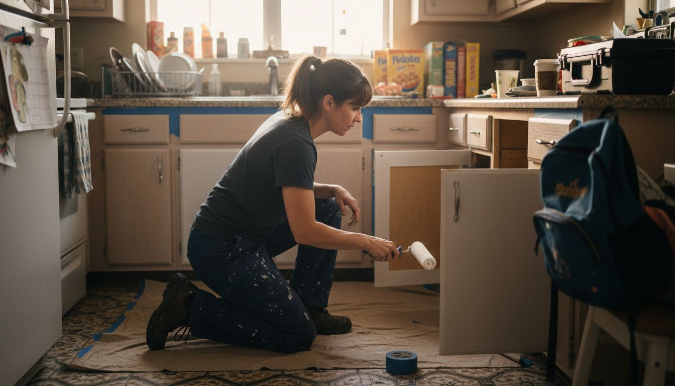 Cabinet painter applying paint in real family kitchen