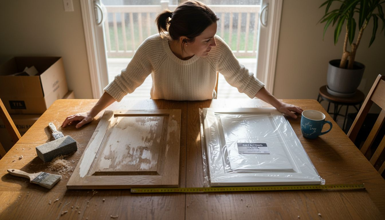 Homeowner comparing cabinet refinish vs refacing