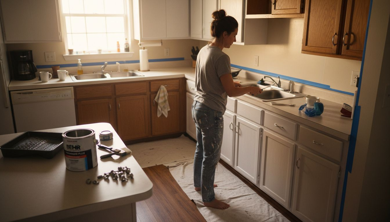 Homeowner repainting kitchen cabinets for modern look