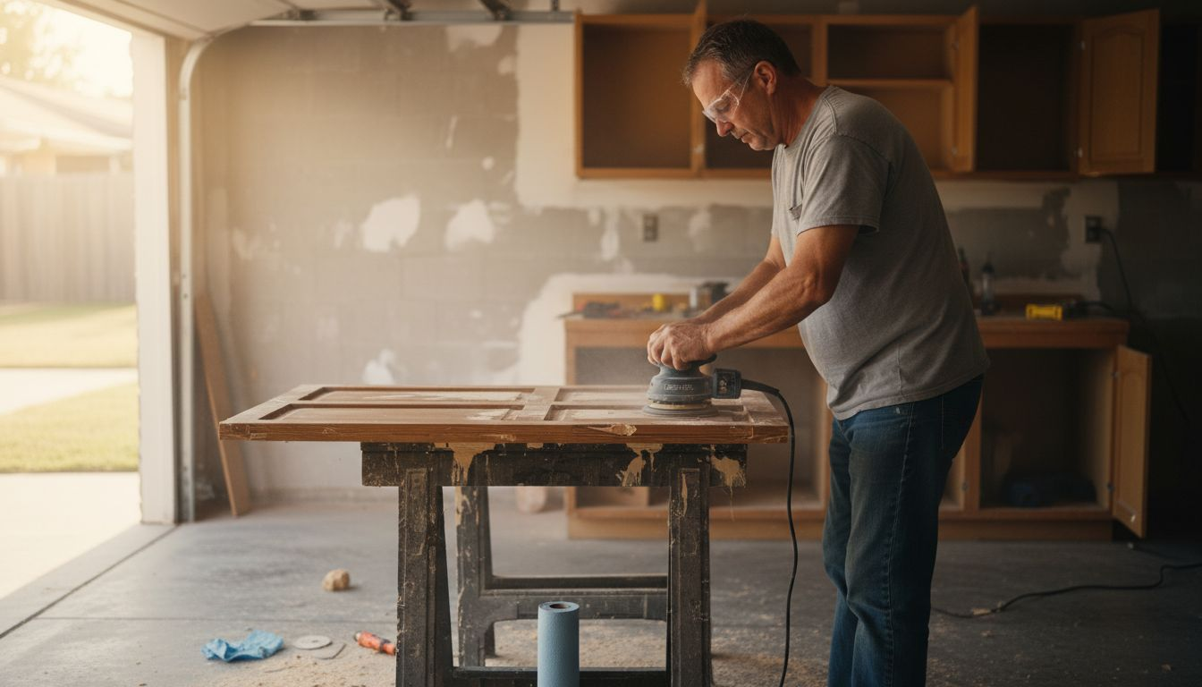 Sanding and cabinet surface repair process shown