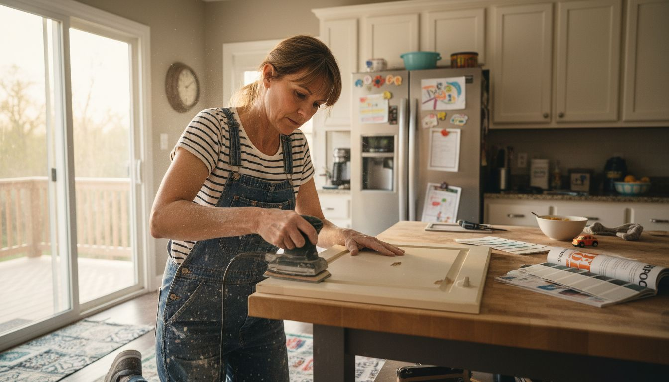 Painter sanding kitchen cabinet door in family kitchen