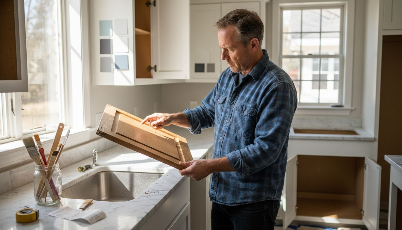 Homeowner examining kitchen cabinet paint finishes