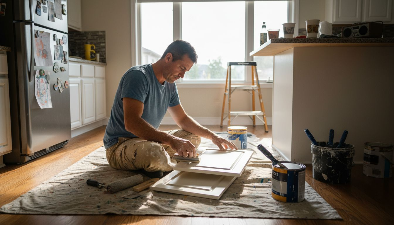 Painter preparing Ottawa kitchen cabinets
